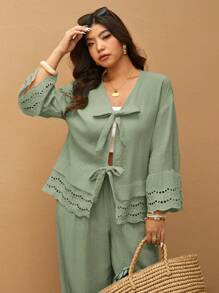 Elaquor Bộ 2 món thêu vá màu trơn đơn giản giản dị cỡ lớn ngày lễ, áo sơ mi nữ + quần nữ, thích hợp cho kỳ nghỉ lãng mạn, mặc nhà thường ngày, trang phục hàng ngày, hàng mới về mùa xuân - màu xanh lá - Xem 8