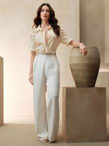 Anewsta Elegant Commuter Linen Weave Hollow Embroidery Striped Collared Short Sleeve Blouse For Women, Spring/Summer - Apricot - View 7