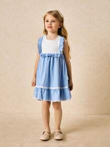 SHEIN Young Girls' Elegant Blue Ruffle Trim Dress, Spring/Summer - Blue - View 3