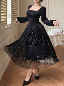 DAZY 春季婚礼宾客优雅方领泡泡袖拼接中长连衣裙，秋季长袖连衣裙，奢华亮片舞会礼服 - 黑色 - 查看 3
