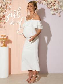 Loomaby Maternity Off Shoulder Solid Color Dress, Simple & Fashionable, Suitable For Summer,Gender Reveal Dress,Baby Shower Dress,Maternity Dress - White - View 4
