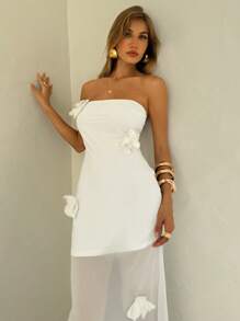 Aloruh Women's Elegant Solid Color 3D Floral Decor Bandeau Dress - White - View 6