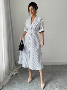 SHEIN PETITE Black & White Striped Lapel Waist Flared Midi Dress - Black and White - View 5