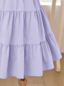 SHEIN Tween Girl Woven Solid Ruched Puff Sleeve Back Bow Decor Spliced Hem A-Line Dress, Party, Ladylike, French Elegant, Princess, Suitable For Spring Outing, Birthday Party, Flower Girl Dress - Mauve Purple - View 7