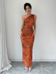 Elenzga Abito da sera di lusso da donna, abito lungo con stampa Tintura a nodi, scollo asimmetrico, senza maniche, sexy