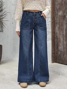 EMERY ROSE Women's Button Front Pockets Loose Fit Wide Leg Casual Jeans - Dark Wash - View 4