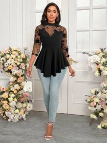 SHEIN Lady 白色提花网眼拼接荷叶边下摆设计修身优雅女式 T 恤 - 黑色 - 查看 6