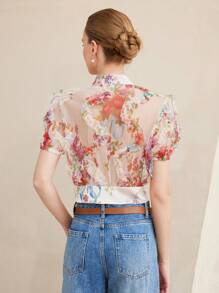 Aveloria Rosie Blusa corta de mujer con escote en V, manga corta y efecto transparente con diseño floral 3D