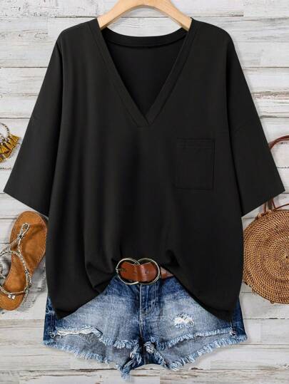 SHEIN LUNE Plus Size Saint Patrick's Day Green Pocket T-Shirt Spring Break Boho Rave T-Shirt Festival Spring Break T-Shirt Old Money Style Women Rave T-Shirt