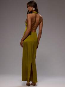 MUSERA Halterneck Satin Fishtail Hem Sleeveless Maxi Dress Summer Vacation Elegant Wedding Guest Graduation Formal Ibiza Holiday Beach - Green - View 3