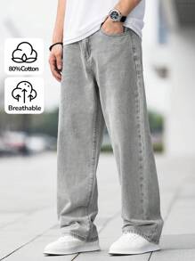 SHEIN Lässige leicht graue Jeans für Teenager Jungs mit einfachem, geradem Bein, lose geschnitten, ideal als Grundausstage und für alle Jahreszeiten, Teenager Jungs Kleidung