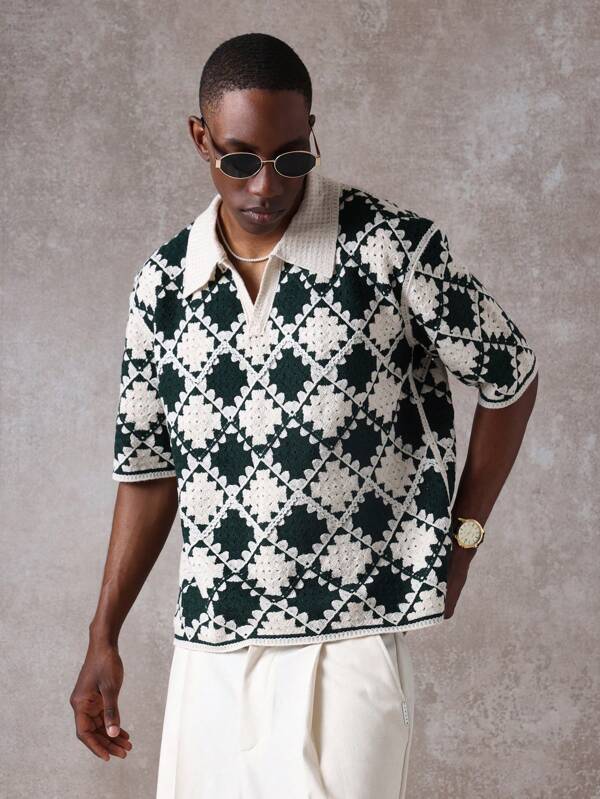 SUMWON Suéter de polo de lujo de diseñador con patrón de diamantes de estilo clásico de tennis club y preppy, de punto con cuello polo, para primavera y otoño