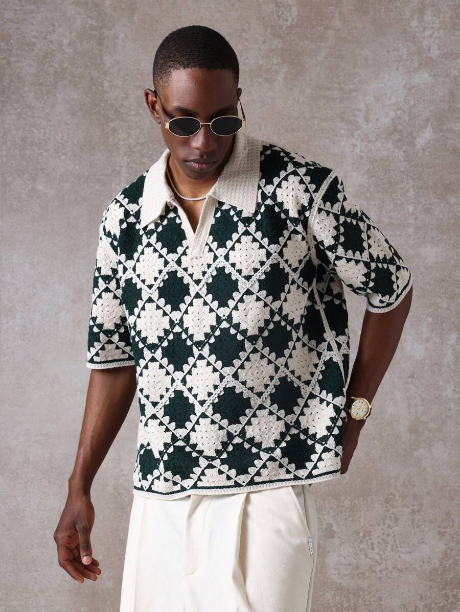 SUMWON Luxury Designer Crochet Polo Sweater Retro Diamond Pattern Knit Collared Pullover Golf Classic Tennis Club House Style Preppy Spring Autumn - Black and White - View 1