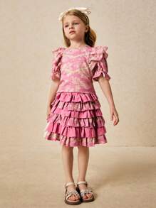 SHEIN Young Girls Elegant Pink Floral Print Cake Style Mini Skirt, Spring/Summer - Pink - View 6