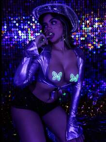 Glow-In-The-Dark, Glowing, Butterfly, Rhinestone, Luxury, Crystal Adorned, Sexy, Sparkly Ladies Nipple Covers & Chafing Friction Relief Pads For Rave - Dark Green - View 3