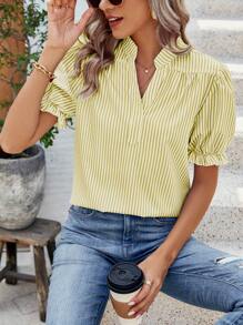 EMERY ROSE 女士休闲条纹泡泡袖度假衬衫 - 黃色 - 查看 4