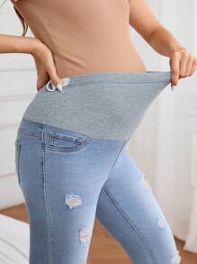 SHEIN 孕妇休闲洗水破洞修身牛仔裤 - 淺色水洗藍 - 查看 5