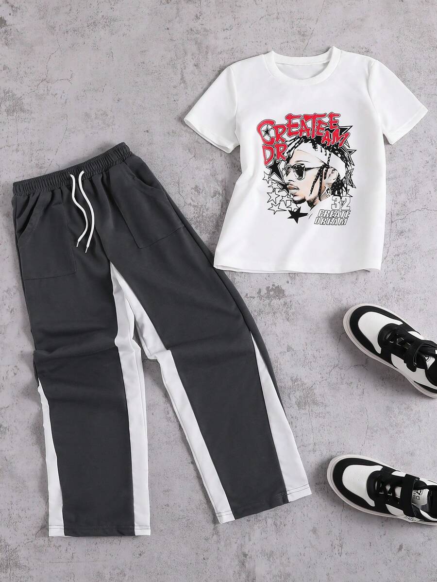 SHEIN 2 pezzi, maglietta a maniche corte con stampa streetwear e pantaloni in maglia con vita con cordoncino e tasche a contrasto, per ragazzi adolescenti - Grigio - Visualizzare 1