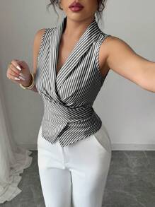 Elenzga Áo cánh thanh lịch không tay cổ chữ V thắt eo cho nữ - màu đen - Xem 3