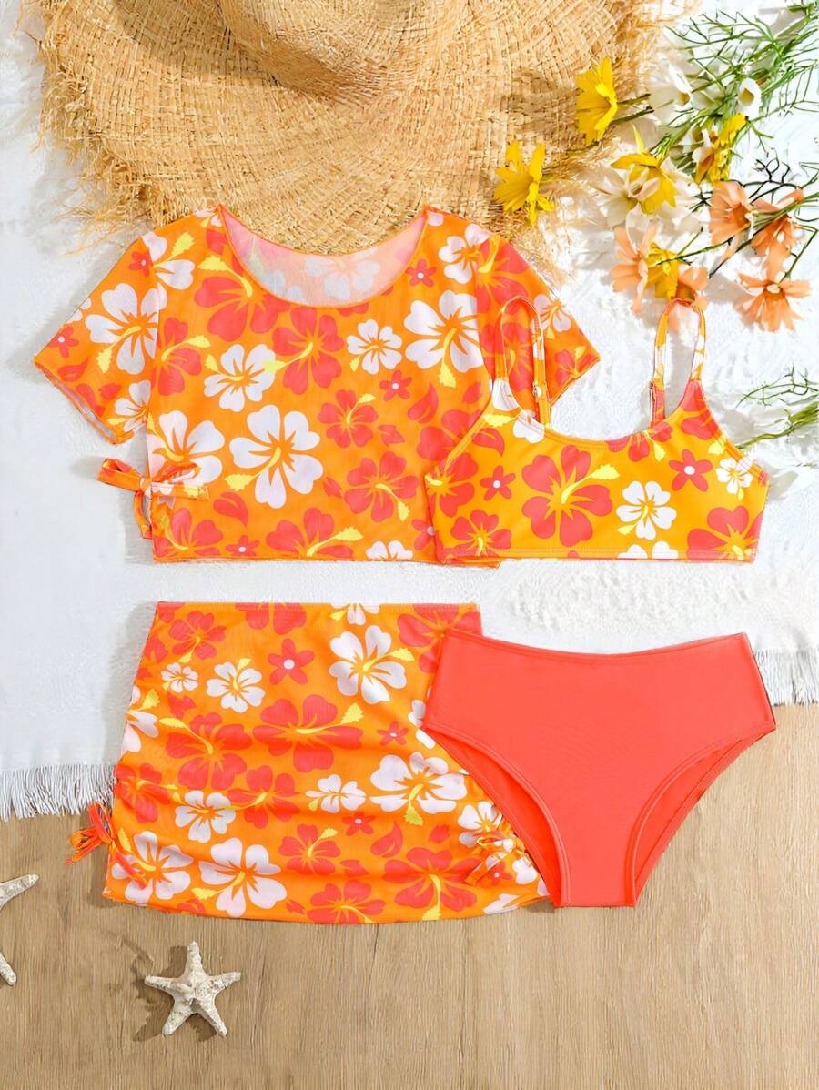 女童泳衣套装（随机印花） - 橘色 - 查看 1