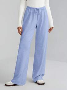 SHEIN Tall Damen einfarbige weiche Strickhose mit Kordelzug in der Taille, locker geschnitten, lässig, Herbst/Winter, Baggyhose, für große Frauen - Blau - Übersicht 6