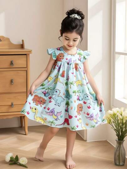 Elladie kids Vestido casual de verano para niña con estampado de dinosaurio y mangas cortas