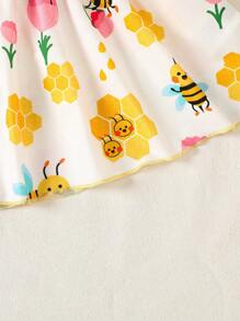 SHEIN Playful Pals 女婴复活节兔子和彩蛋印花连衣裙，夏季 - 黃色 - 查看 6