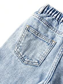 年轻女孩休闲时尚简约百搭甜美酷炫蝴蝶、爱心、花卉、涂鸦印花洗水浅蓝色牛仔直筒牛仔裤 - 淺色水洗藍 - 查看 5