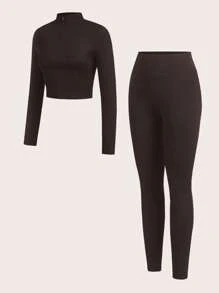 SHEIN Essnce 大码女士休闲夏季服装 女士健身休闲套装 女士慢跑裤 女士街头服饰 拉链高领长袖上衣、吊带背心和紧身裤套装 女士健身套装 3 件套 - 棕色 - 查看 4