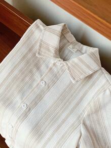 SHEIN LMoss Kids Young Boys' Casual Apricot Texture Jacquard Shirt, Collared Short Sleeve Cardigan, Suitable For Home, Outing, School, Travel And Vacation In Spring/Summer - Khaki - View 1