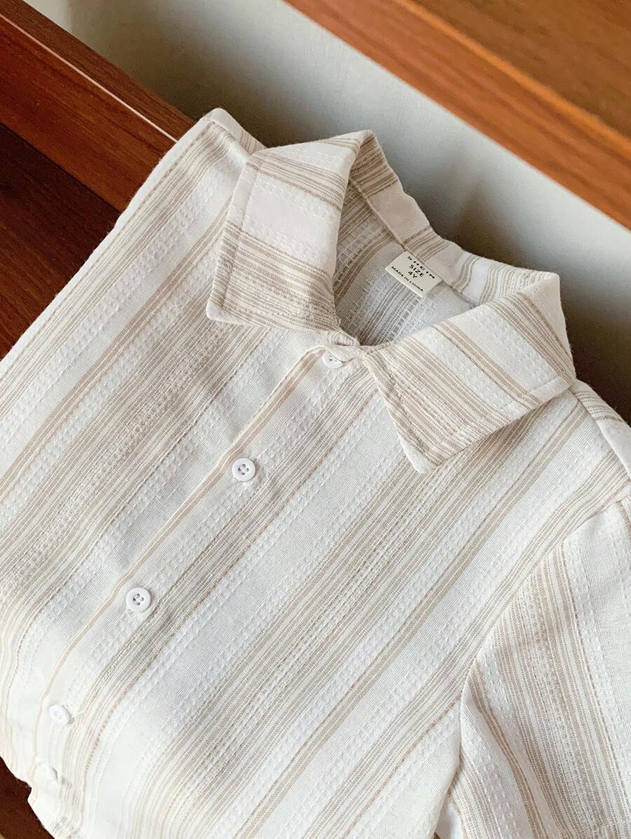 SHEIN LMoss Kids Young Boys' Casual Apricot Texture Jacquard Shirt, Collared Short Sleeve Cardigan, Suitable For Home, Outing, School, Travel And Vacation In Spring/Summer - Khaki - View 1