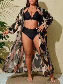 SHEIN VCAY Plus Size Women Random Print Long Sleeve Loose Kimono For Summer Beach Vacation