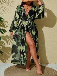 SHEIN VCAY 大码女式随机印花长袖宽松开衫 - 綠色 - 查看 3