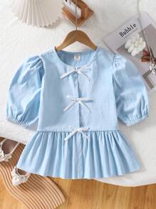 SHEIN Tween 女童甜美可爱彼得潘领泡泡袖蝴蝶结衬衫，适合正式、休闲、日常、街头风格、聚会 - 春夏 - 藍色 - 查看 3