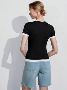 Lumivelle Women's Contrast Color Trim V-Neck Short Sleeve T-Shirt, Casual Summer Tee