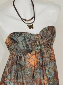 SHEIN ICON Y2k Summer Going Out Green Cottagecore Beach Boho  Fashion Vacation Sexy Women's Simple Fashionable Summer  Women's Vacation Casual Vintage Paisley Print Sun Print Bandeau Flowy Babydoll Top Western Wear Women
