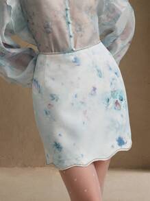 Anewsta تنورة عالية الخصر ذات طبعة زهرية مع كشكشة عند الخصر ومنخفضة عند الذيل - أزرق فاتح اللون - مشاهدة 5