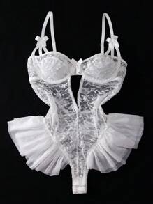 SHEIN 蝴蝶蕾丝网眼荷叶边装饰钢圈内衣紧身衣，女式，性感