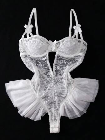 SHEIN Fjärilsspetsbody med volangkant, sexig och transparent brudunderkläder för utekvällar