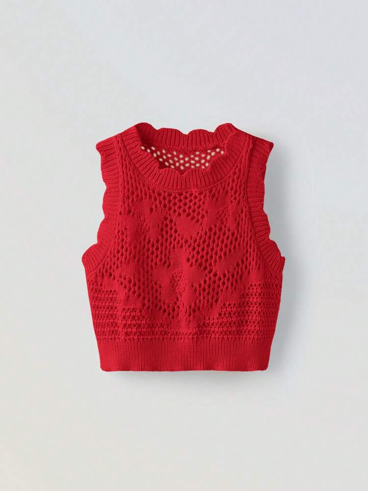 Young Girl Loose Casual Crop Floral Pattern Knitted Vest