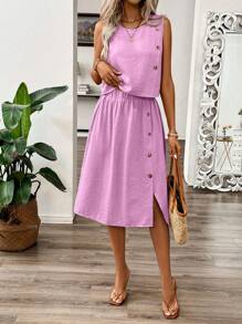 EMERY ROSE 2 stuks/set dames effen knoopontwerp mouwloze blouse en minirokset