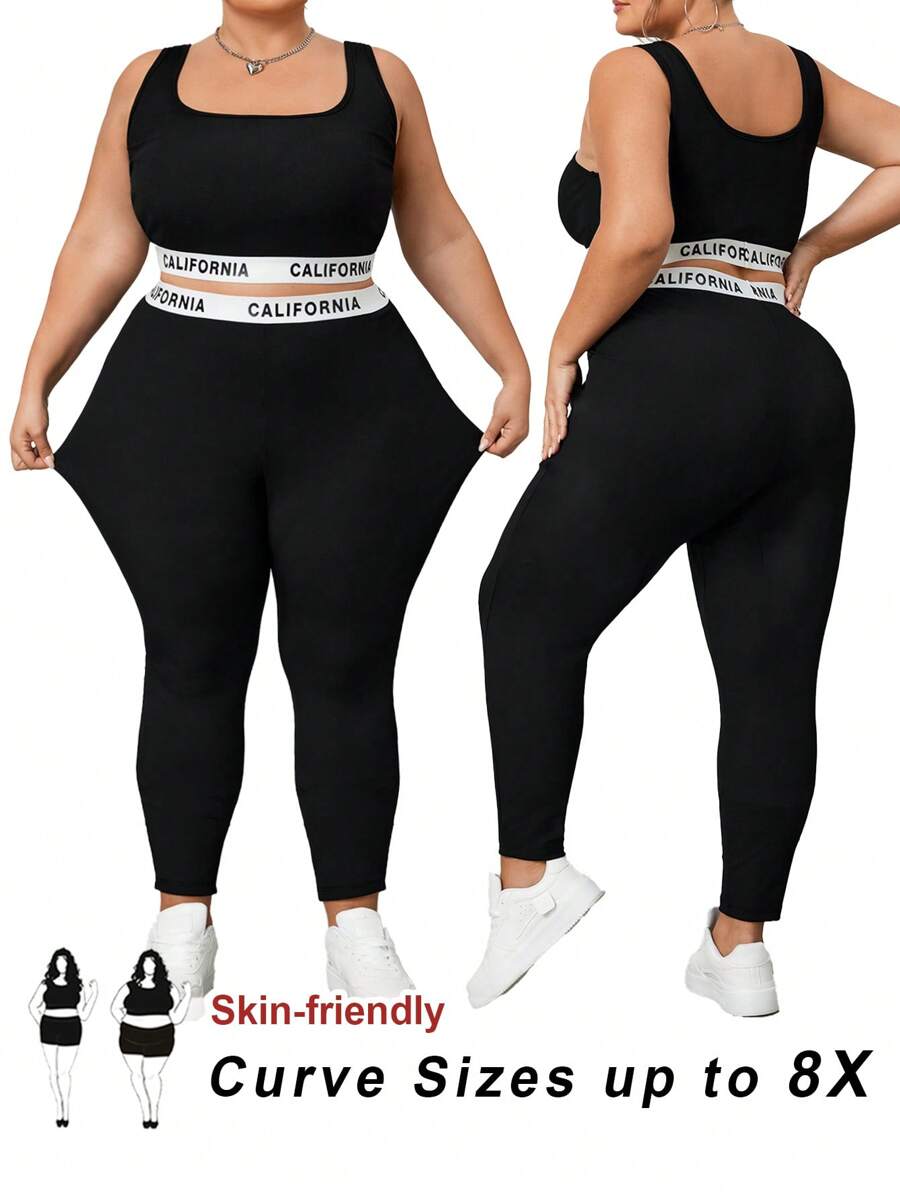 SHEIN CURVE+ Women's Plus Size Black Knitted Sporty Crop Top And Skinny Leggings Two Pieces Set