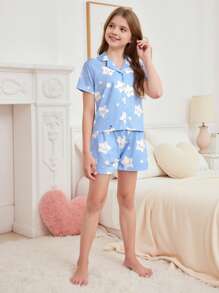 2pcs Tween Girl Girls Minimalist Star & Print Short Sleeve Top And Shorts Casual Home Outfit,Summer Travel - Blue - View 5