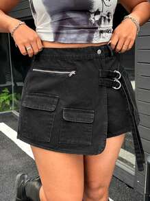 SHEIN EZwear Plus Size Women's Edgy Street Style Black Denim Skort - Black - View 1