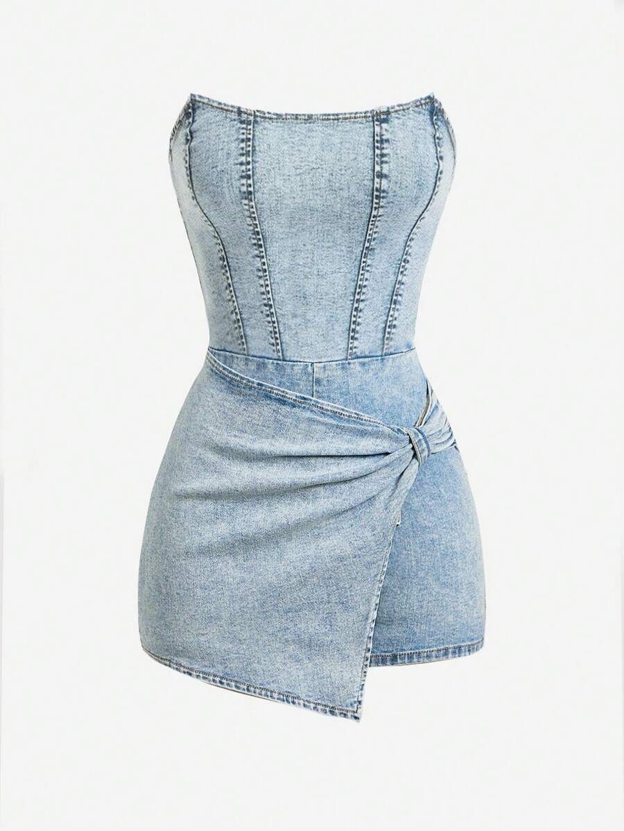 SHEIN MOD Women's Fashionable Sexy Solid Color Tube Top Denim Jumpsuit,Valentine's Day - Blue - View 1