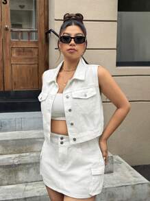 SHEIN ICON Plus Size Casual Solid Sleeveless Denim Jacket - White - View 3