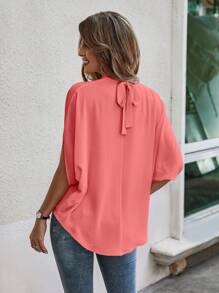 EMERY ROSE Áo sơ mi tay cánh dơi cổ đứng màu trơn đơn giản mùa hè - Màu Cam san hô - Xem 2