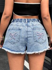 SHEIN ICON Plus Size Women's Bow Embroidered Washed Non-Stretch Denim Shorts - Light Wash - View 1