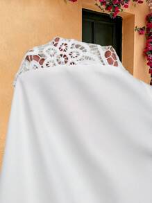 EMERY ROSE Plus Size Women's White Elegant Silky Short Sleeve Top,Everyday Summer Office Wear,Minimalist & Fashionable Lace Patchwork Boho Holiday Blouse - White - View 6