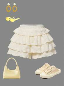 SHEIN Leap Crew Young Girl's Knit Solid Color Fitted Casual Shorts - Beige - View 1